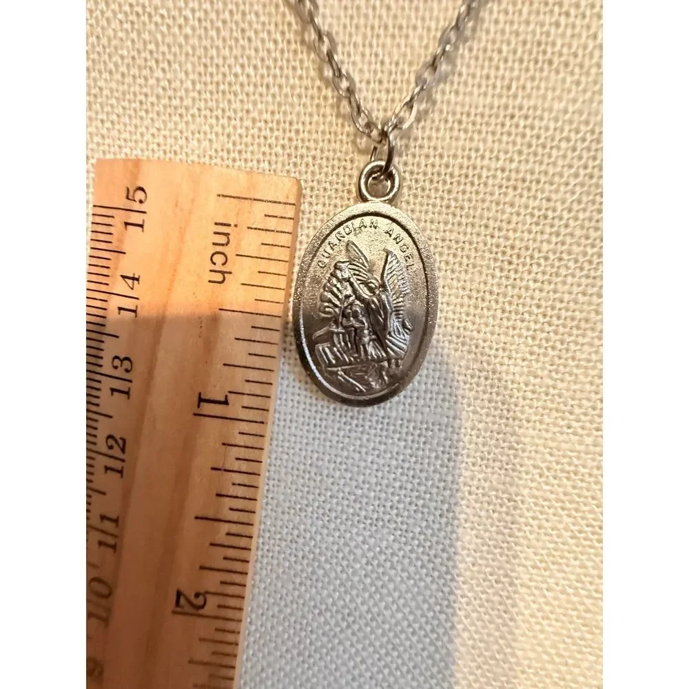 Vintage Guardian Angel Medal Necklace 20”